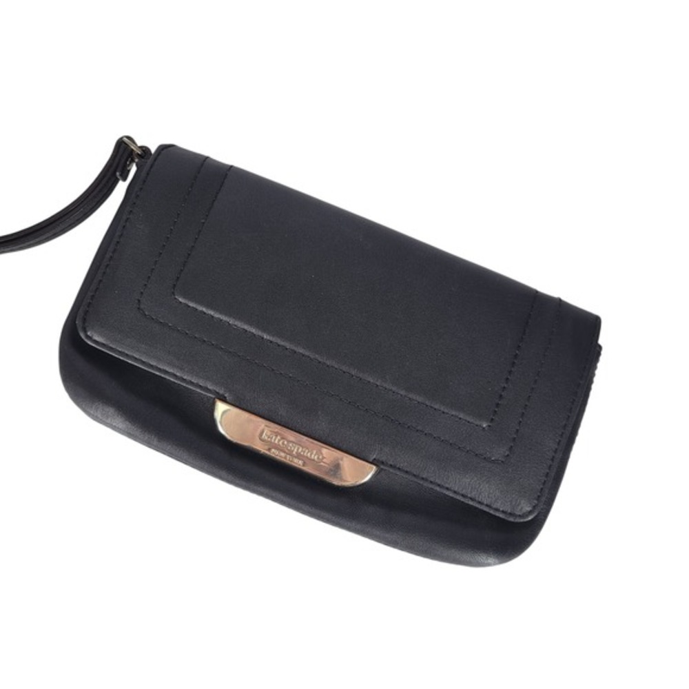 Kate Spade New York Black Leather Wristlet Clutch Bag‎ Gold Logo